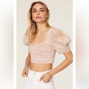 Ulla Johnson Renee Blush Denim Puff Sleeve Crop Top, 12